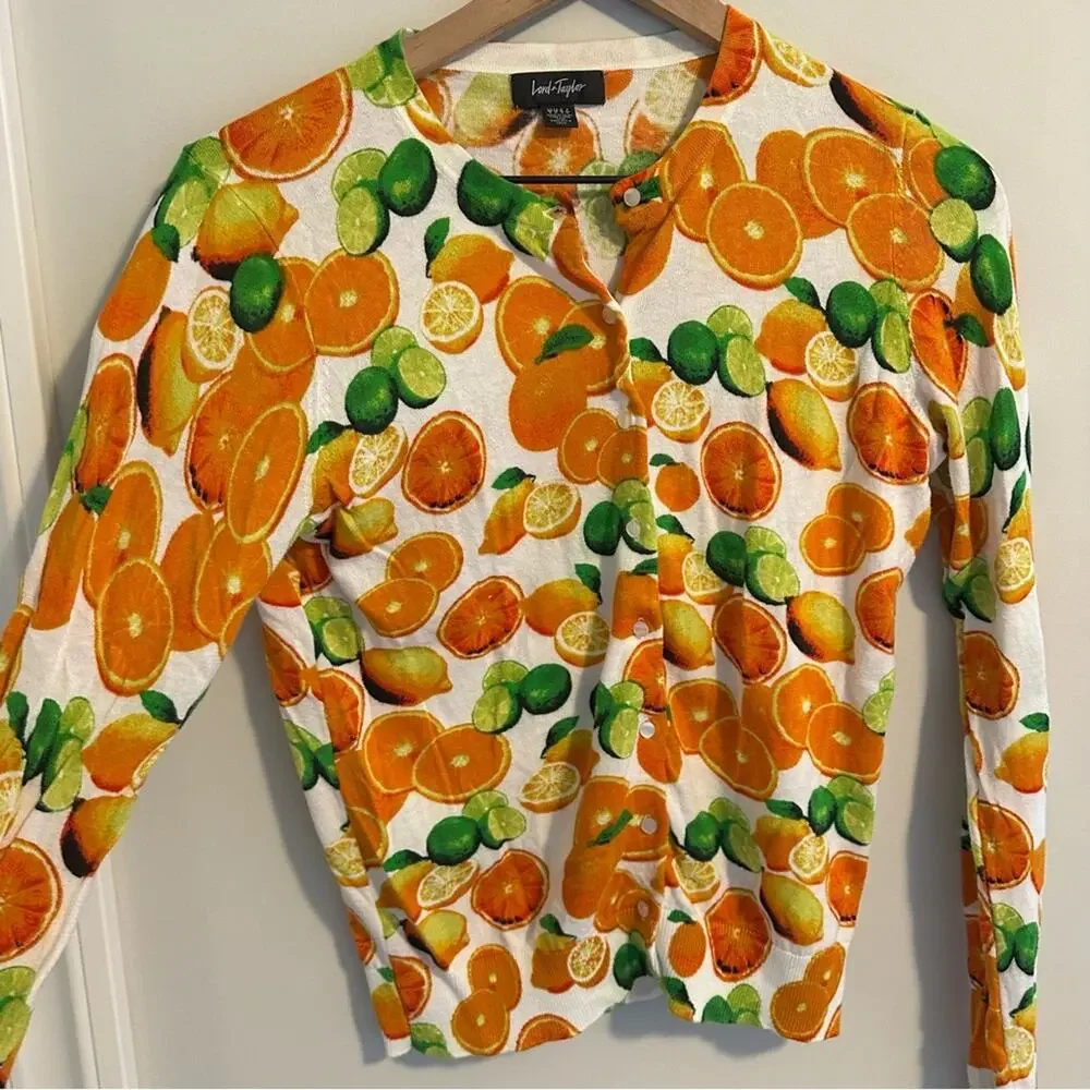 Vintage Lord & Taylor Citrus Orange Lime Cotton Cardigan XS